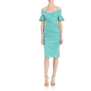 Rickie Freeman Teri Jon Dress 10 Green Tafetta Retro Fit Off Shoulder Ruffle